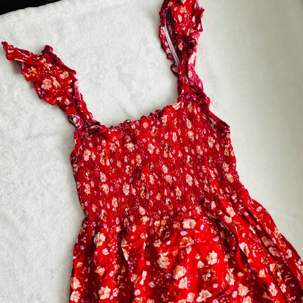 Indigo Rose Red Floral Smocked Midi Dress Ruffle Strap Tiered Women's Small